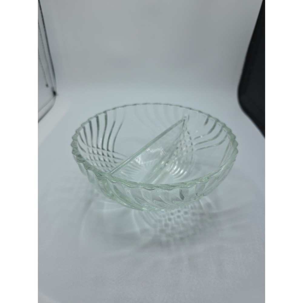 Tiara Trillium Divided Bowl Clear Criss Cross Glass Serving Dish 6.5" Across 3"